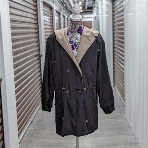 Vintage American Bazaar Medium Black & Beige Nylon Hooded Jacket Coat Old Money